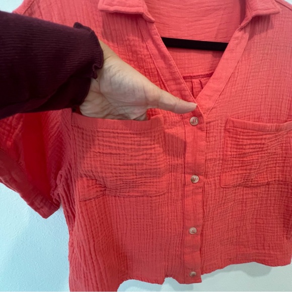 Love Notes Coral Orange Boxy Shirt Size L Button Down 100% Cotton Gauzy Look - Picture 4 of 8